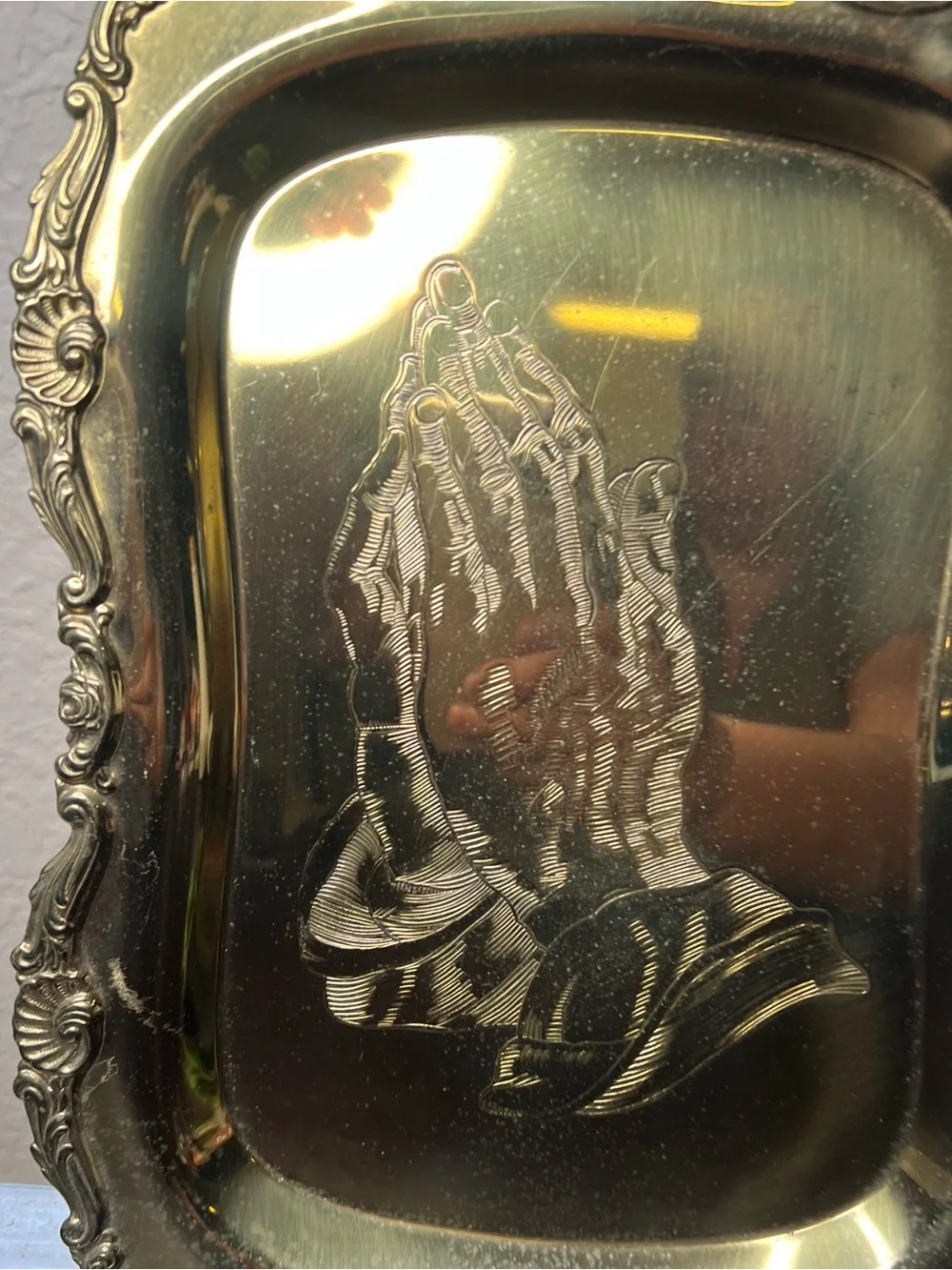 Vintage Brass Praying Hands Tray, Religious Decor